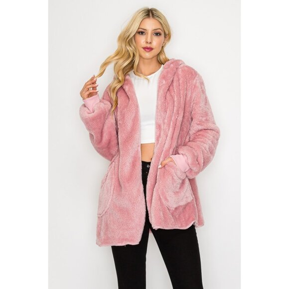 NEW Boutique Hooded Teddy Jacket Cozy Sherpa Fleece Weekend Furry Soft Warm Pink - Picture 3 of 6